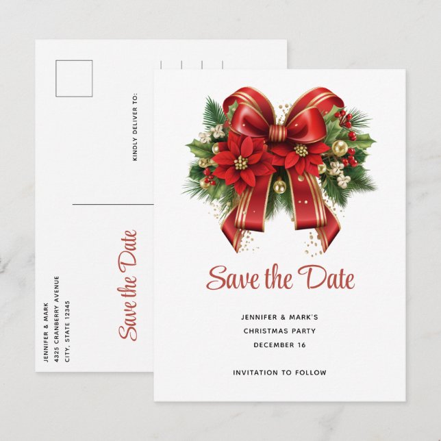 Festive Red and Gold Christmas Bow Save the Date Invitation Postcard (Front/Back)