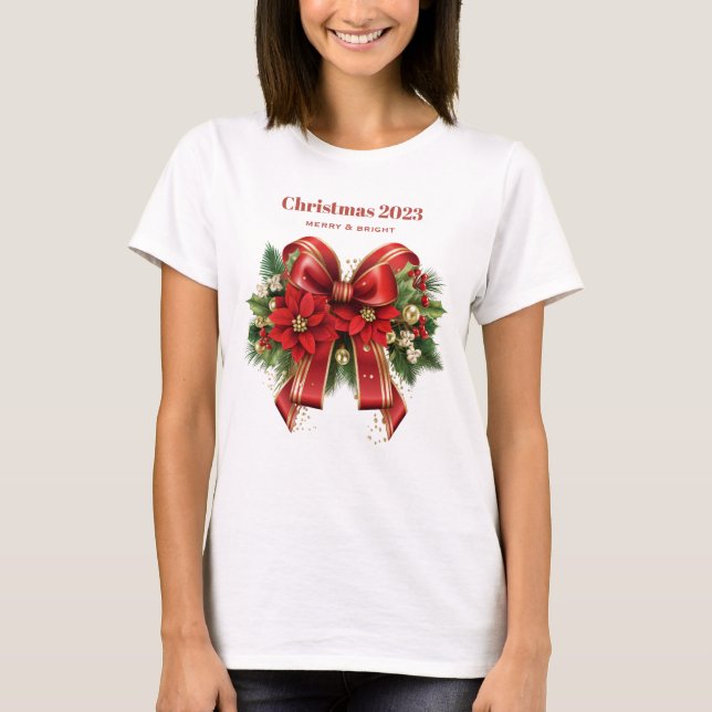 Festive Red and Gold Christmas Bow T-Shirt (Front)