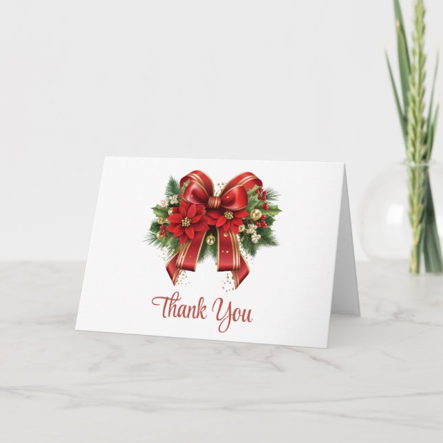 Festive Red and Gold Christmas Bow Thank You Card (Front)