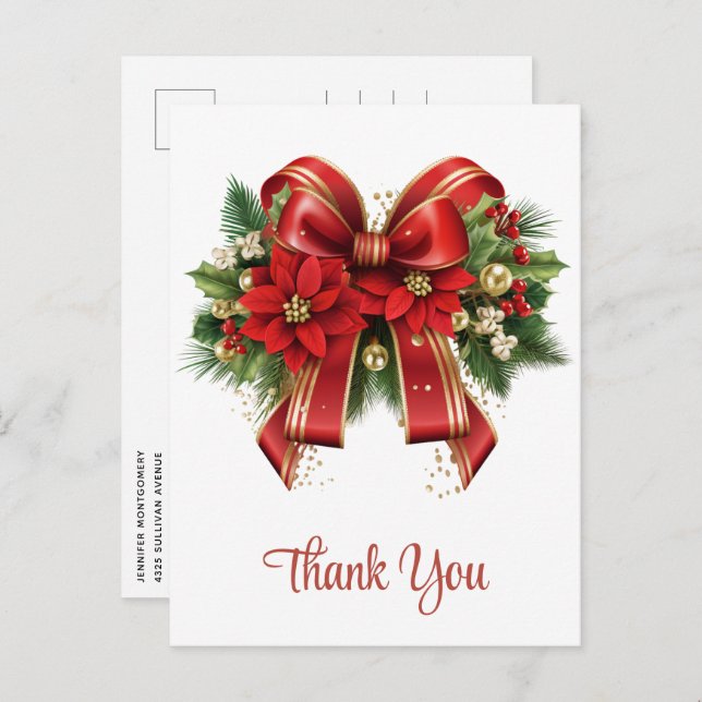 Festive Red and Gold Christmas Bow Thank You Postcard (Front/Back)