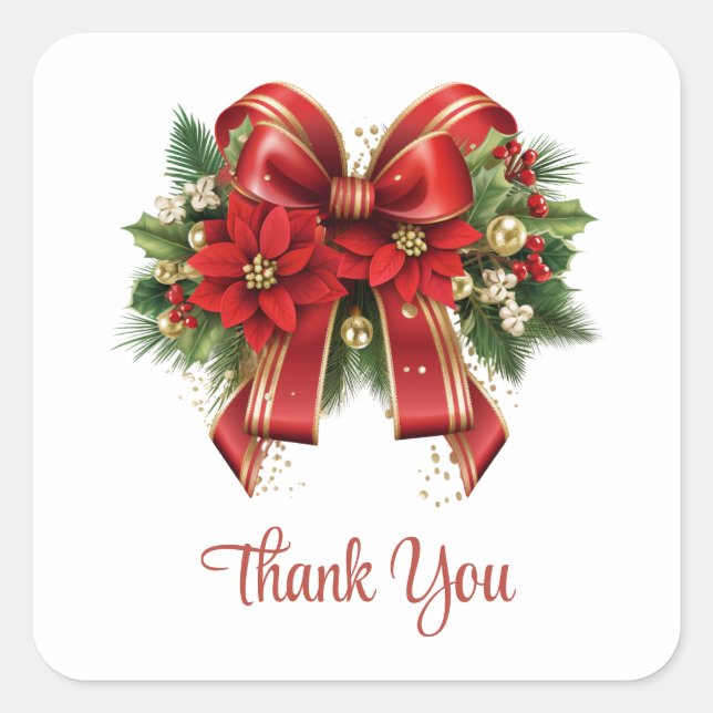 Festive Red and Gold Christmas Bow Thank You Square Sticker (Front)