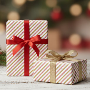 Festive Red and Gold Christmas Candy Cane Stripes Wrapping Paper