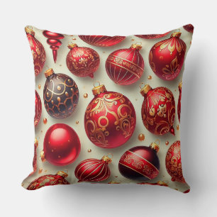 Festive Red and Gold Christmas Ornaments Throw Pillow