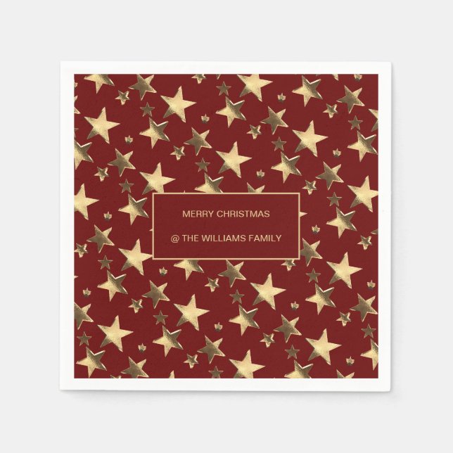Festive Red and Gold Christmas Stars Add Name Napkin (Front)