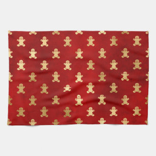Festive Red and Gold Foil Winter Gingerbread Man Kitchen Towel