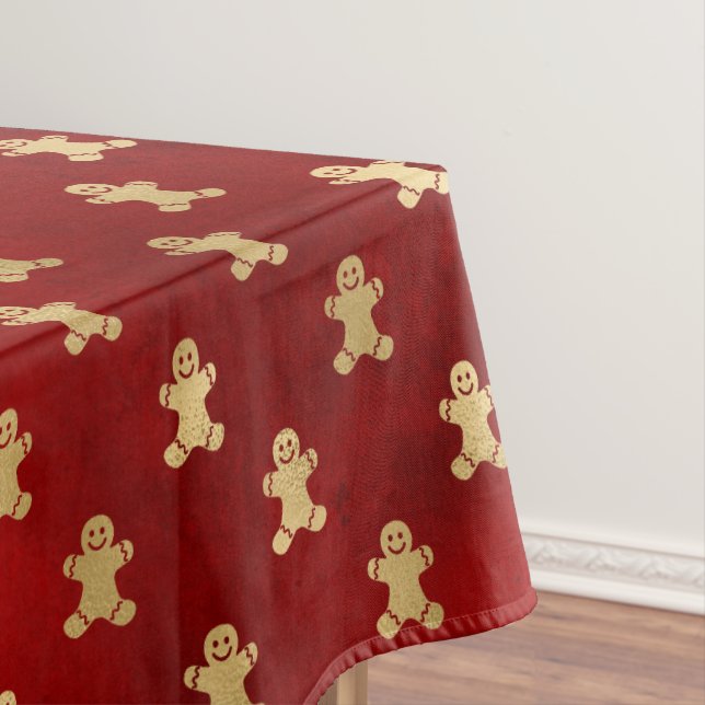 Festive Red and Gold Foil Winter Gingerbread Man Tablecloth (In Situ)
