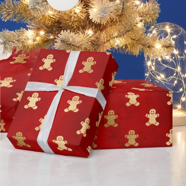 Festive Red and Gold Foil Winter Gingerbread Man Wrapping Paper (Holidays)