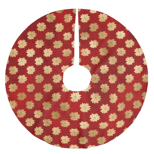 Festive Red and Gold Foil Winter Poinsettia Flower Brushed Polyester Tree Skirt (Front)