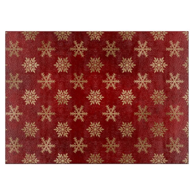 Festive Red and Gold Foil Winter Snowflakes Cutting Board (Front)
