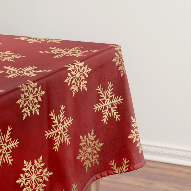 Festive Red and Gold Foil Winter Snowflakes Tablecloth (In Situ)