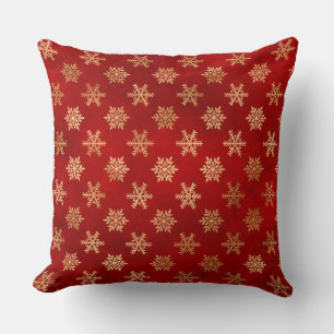Festive Red and Gold Foil Winter Snowflakes Throw Pillow