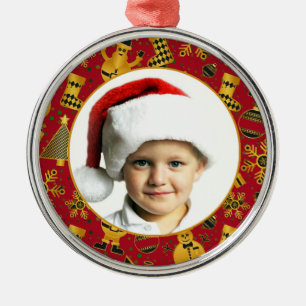 Festive Red and Gold Pattern Custom Photo Metal Ornament