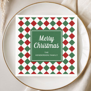 Festive Red And Green Check Merry Christmas Napkin
