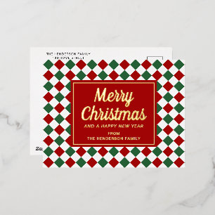 Festive Red And Green Checks Christmas Gold Foil Holiday Postcard