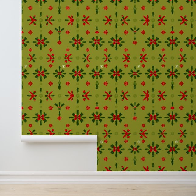 Festive Red and Green Christmas Pattern Wallpaper (Application)