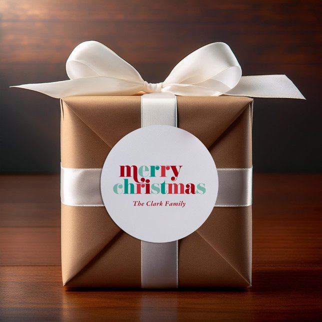 Festive Red and Green "Merry Christmas"  Classic Round Sticker (Creator Uploaded)