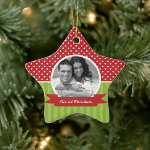 Festive Red and Green Photo Christmas Ceramic Ornament