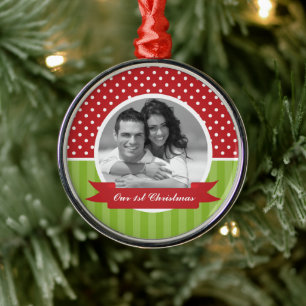 Festive Red and Green Photo Christmas Metal Ornament