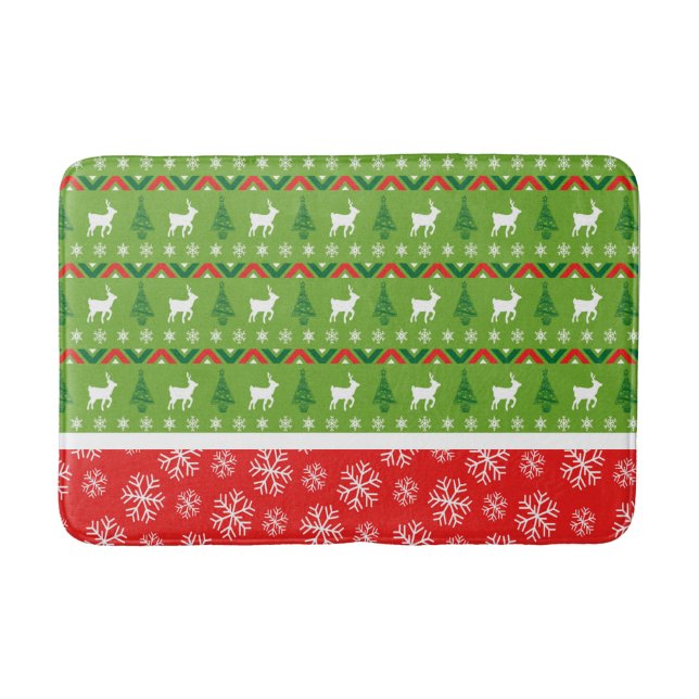 Festive Red and Green Reindeers, Trees, Snowflakes Bath Mat (Front)