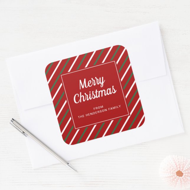 Festive Red And Green Stripes Merry Christmas Square Sticker (Envelope)