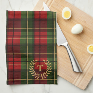 Festive Red And Green Tartan With Custom Monogram Kitchen Towel