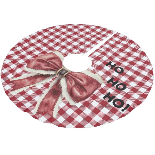 Festive Red and White Buffalo Plaid with Red Bow Brushed Polyester Tree Skirt (Angled)