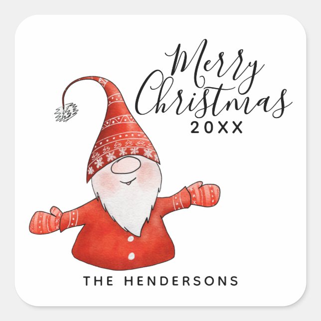 Festive Red and White Gnome Merry Christmas Square Sticker (Front)