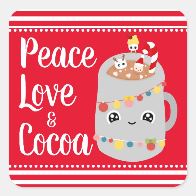Festive Red and White Kawaii Cocoa Christmas Gift Square Sticker (Front)