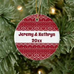 Festive Red and White Scandinavian Knit Pattern Ceramic Ornament
