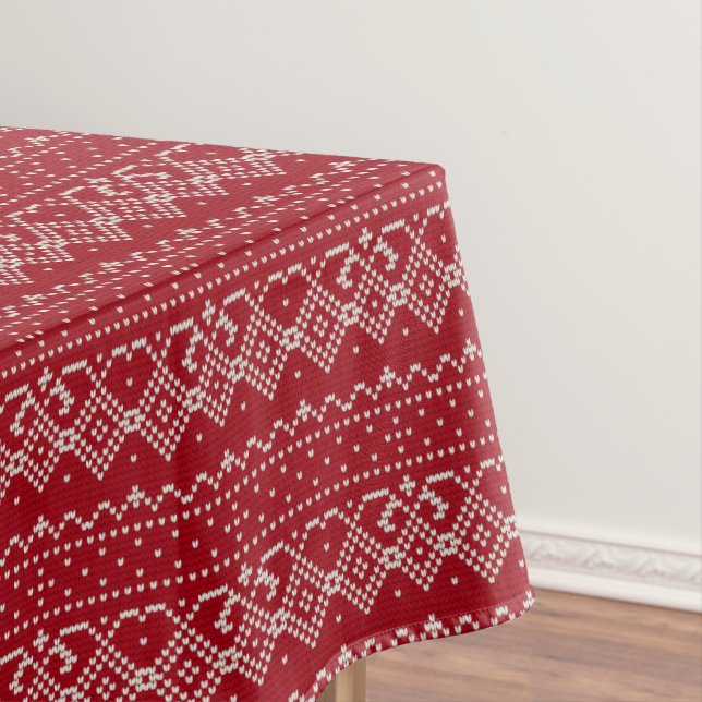 Festive Red and White Scandinavian Knit Pattern Tablecloth (In Situ)