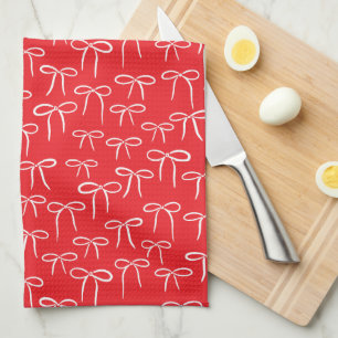 Festive Red and White Simple Bow Doodle Pattern Kitchen Towel