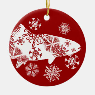 Festive Red and White Snow Trout Ceramic Ornament