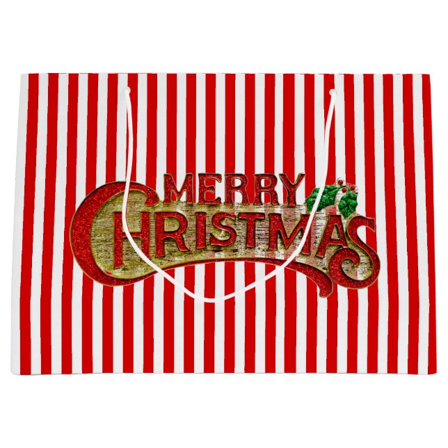 Festive Red and White Striped Christmas Gift Bag (Front)