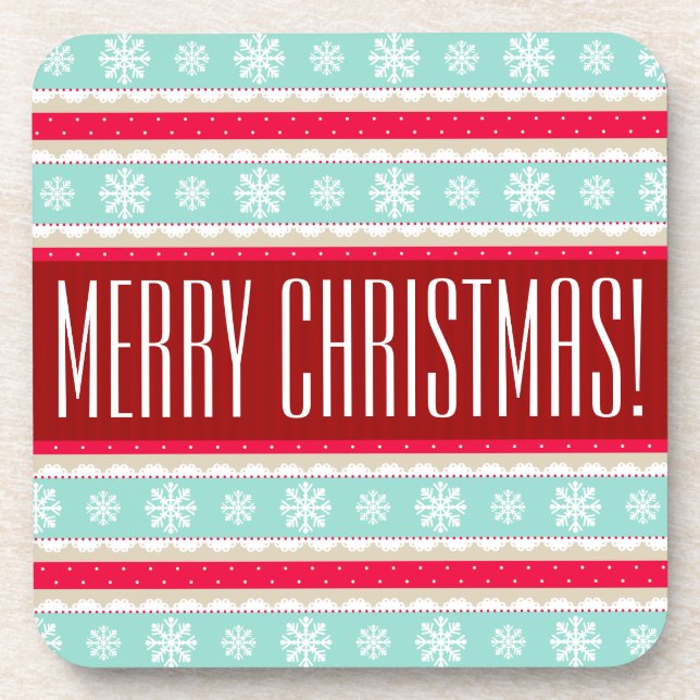 Festive Red Aqua Pattern "Merry Christmas" Coaster (Front)
