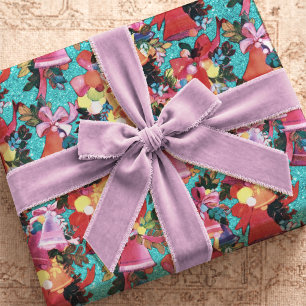 Festive Red Aqua Retro Christmas Bells Wrapping Paper