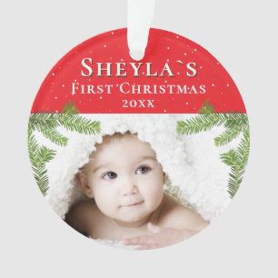 Festive Red Baby`s First Christmas Photo Ornament