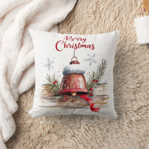 Festive Red Bell "Merry Christmas" Throw Pillow