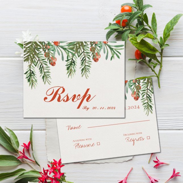 Festive Red Berries Christmas Wedding RSVP Postcard (Festive Red Berries Christmas Wedding RSVP Postcard)