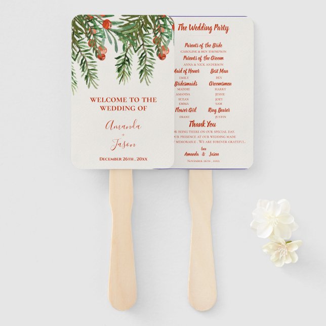 Festive Red Berries Leaves Christmas Wedding  Hand Fan (Front and Back)
