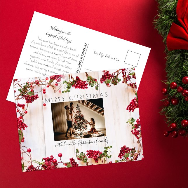 Festive Red Berry Christmas Holiday Photo Postcard (Creator Uploaded)