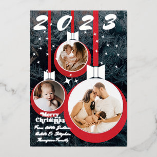 Festive Red Black First Christmas 3 Photo Collage Foil Holiday Card