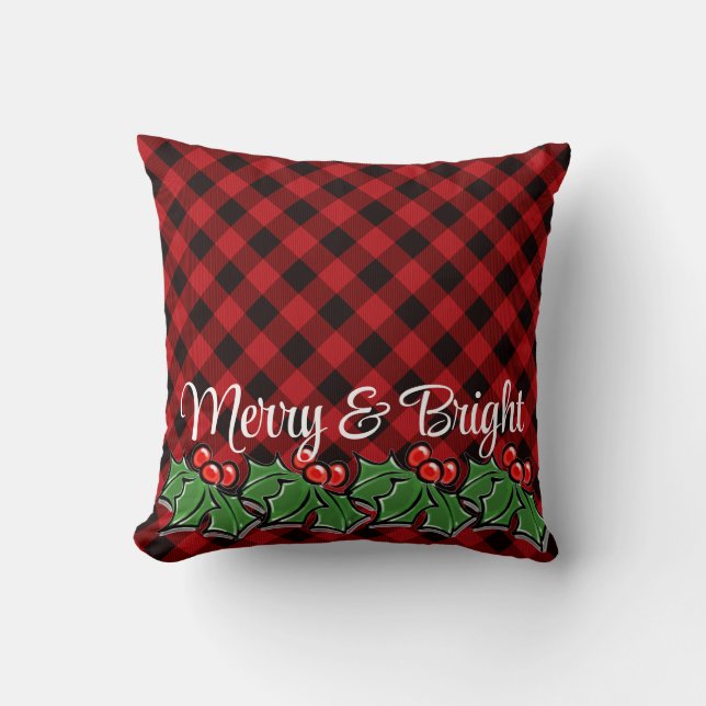 Festive red black plaid holly leaves berries throw pillow (Front)