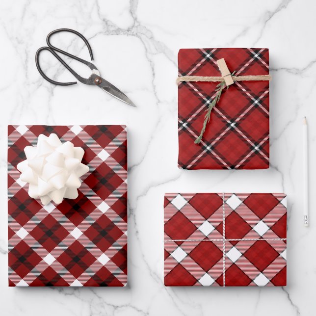 Festive Red, Black & White Christmas Plaid Wrapping Paper Sheet (Front)