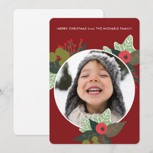 Festive Red Botanical Circle Photo Christmas Holiday Card