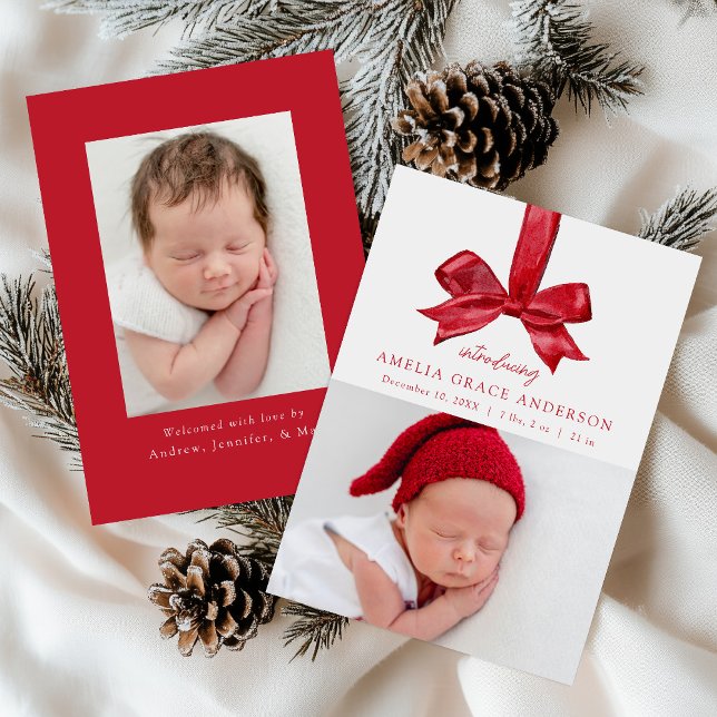 Festive Red Bow 2 Photo Holiday Birth Announcement (Creator Uploaded)