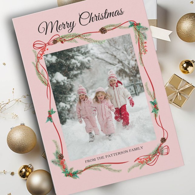 Festive Red Bow Border -1 Photo Dusty Pink Holiday Card (Festive Red Bow Border -1 Photo Dusty Pink Christmas Holiday Card)