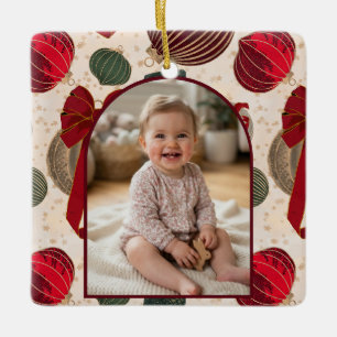 Festive Red Bows & Vintage Baubles Xmas Photo Ceramic Ornament