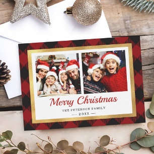 Festive Red Buffalo Plaid Gold Frame Photo Holiday Card