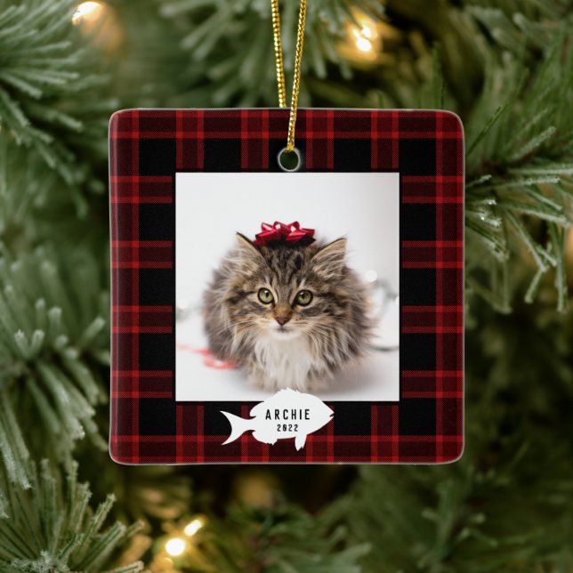 Festive Red Buffalo Plaid Pet Name  Ceramic Ornament (Tree)