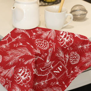 Festive Red Cardinal Bird, Pine and Winter Berries Kitchen Towel